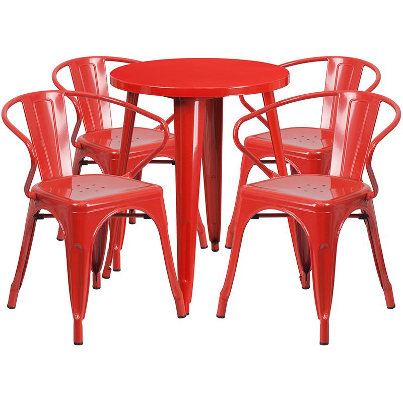 Commercial Grade 24" Round Red Metal Indoor-Outdoor Table Set with 4 Arm Chairs. Picture 1