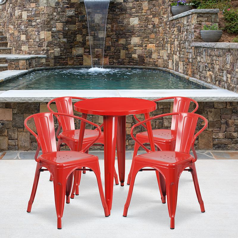 Commercial Grade 24" Round Red Metal Indoor-Outdoor Table Set with 4 Arm Chairs. Picture 4