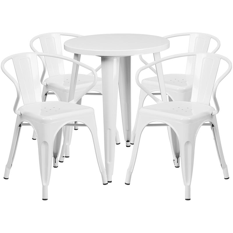 Commercial Grade 24" Round White Metal Indoor-Outdoor Table Set with 4 Arm Chairs. Picture 1