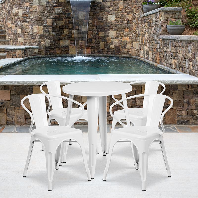Commercial Grade 24" Round White Metal Indoor-Outdoor Table Set with 4 Arm Chairs. Picture 4