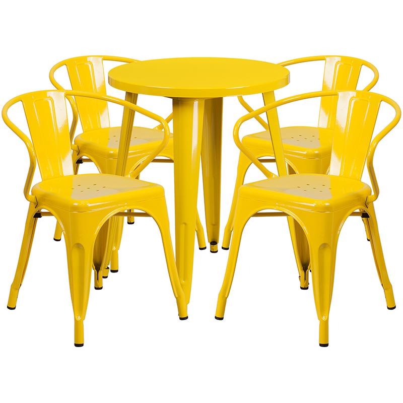 Commercial Grade 24" Round Yellow Metal Indoor-Outdoor Table Set with 4 Arm Chairs. The main picture.