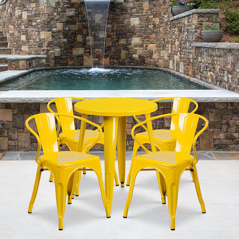 Commercial Grade 24" Round Yellow Metal Indoor-Outdoor Table Set with 4 Arm Chairs. Picture 4