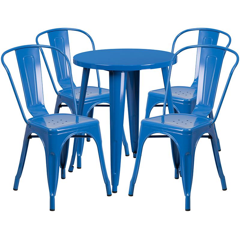 Commercial Grade 24" Round Blue Metal Indoor-Outdoor Table Set with 4 Cafe Chairs. Picture 1