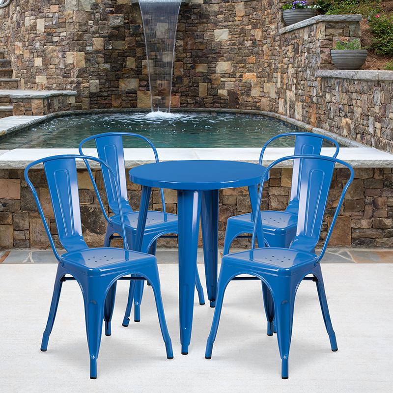 24" Round Blue Metal Indoor-Outdoor Table Set with 4 Cafe Chairs. Picture 1