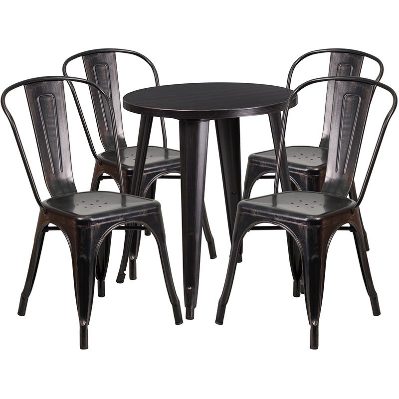 Commercial Grade 24" Round Black-Antique Gold Metal Indoor-Outdoor Table Set with 4 Cafe Chairs. The main picture.