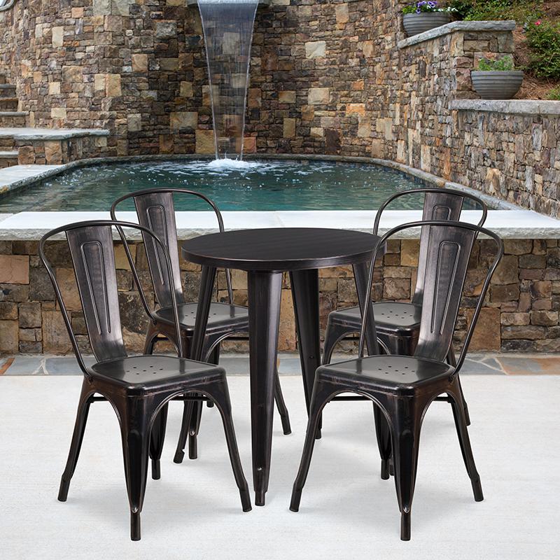 Commercial Grade 24" Round Black-Antique Gold Metal Indoor-Outdoor Table Set with 4 Cafe Chairs. Picture 4