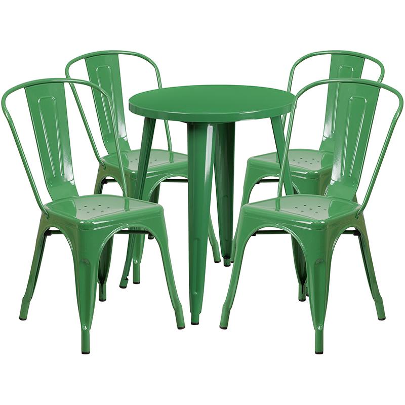 Commercial Grade 24" Round Green Metal Indoor-Outdoor Table Set with 4 Cafe Chairs. Picture 1