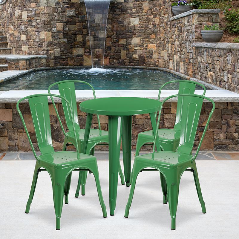 Commercial Grade 24" Round Green Metal Indoor-Outdoor Table Set with 4 Cafe Chairs. Picture 4