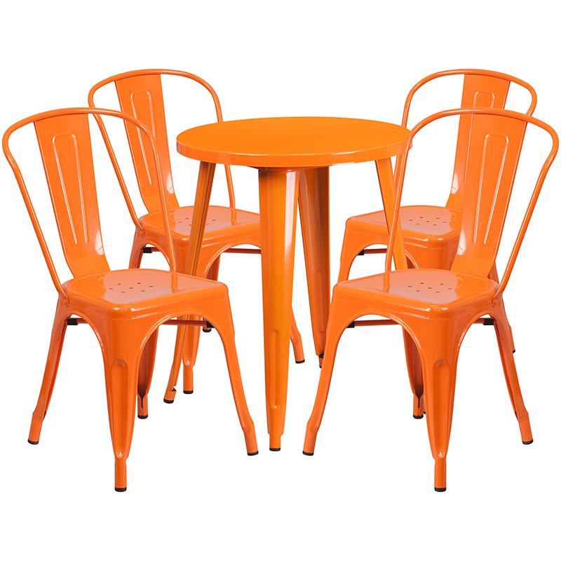 Commercial Grade 24" Round Orange Metal Indoor-Outdoor Table Set with 4 Cafe Chairs. The main picture.