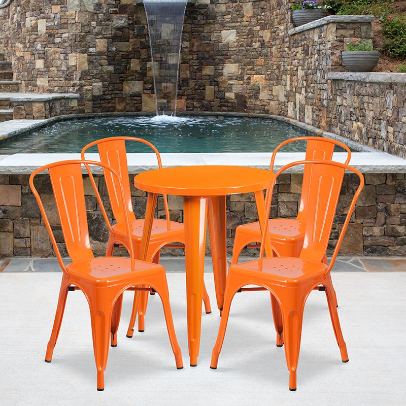 Commercial Grade 24" Round Orange Metal Indoor-Outdoor Table Set with 4 Cafe Chairs. Picture 4