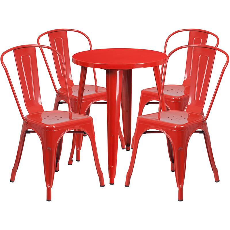 Commercial Grade 24" Round Red Metal Indoor-Outdoor Table Set with 4 Cafe Chairs. The main picture.