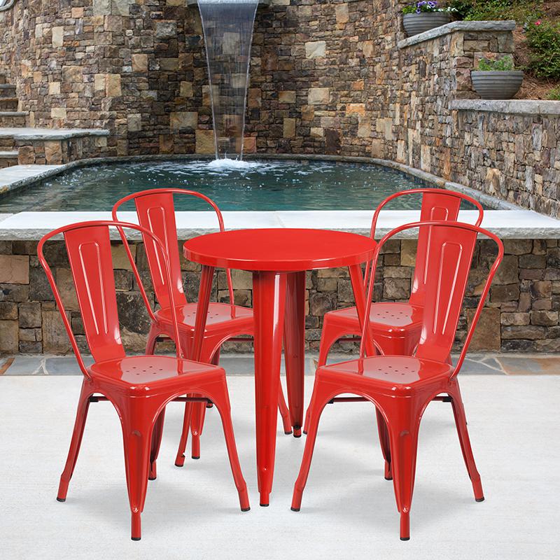 Commercial Grade 24" Round Red Metal Indoor-Outdoor Table Set with 4 Cafe Chairs. Picture 4