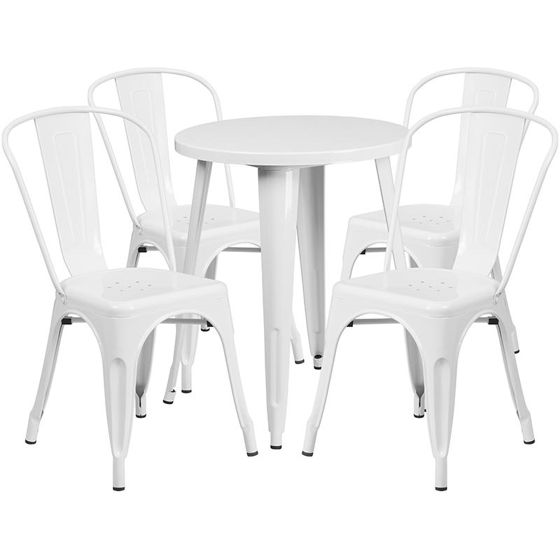Commercial Grade 24" Round White Metal Indoor-Outdoor Table Set with 4 Cafe Chairs. Picture 1