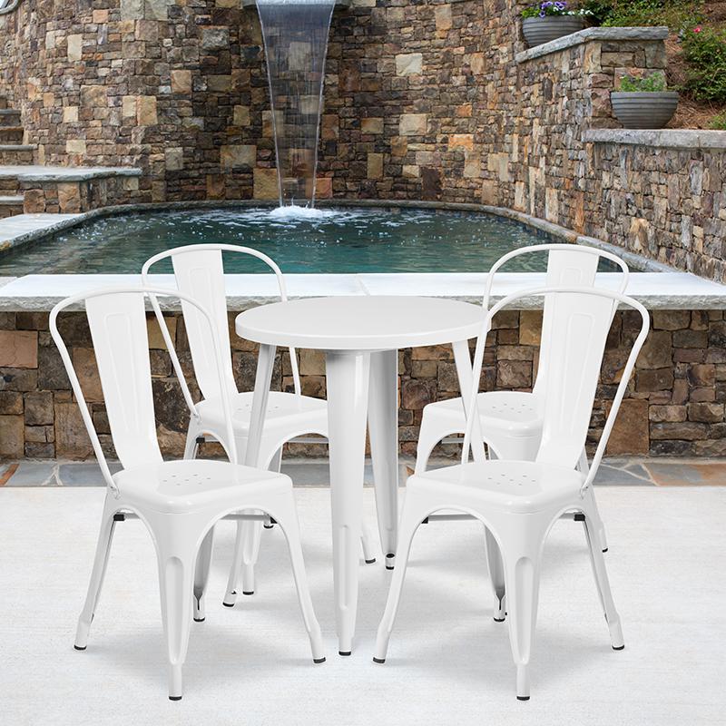 24" Round White Metal Indoor-Outdoor Table Set with 4 Cafe Chairs. Picture 1