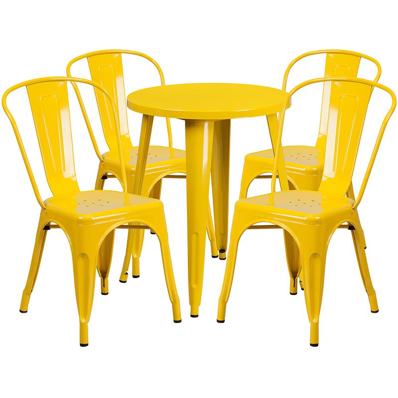 24" Round Yellow Metal Indoor-Outdoor Table Set with 4 Cafe Chairs. Picture 2