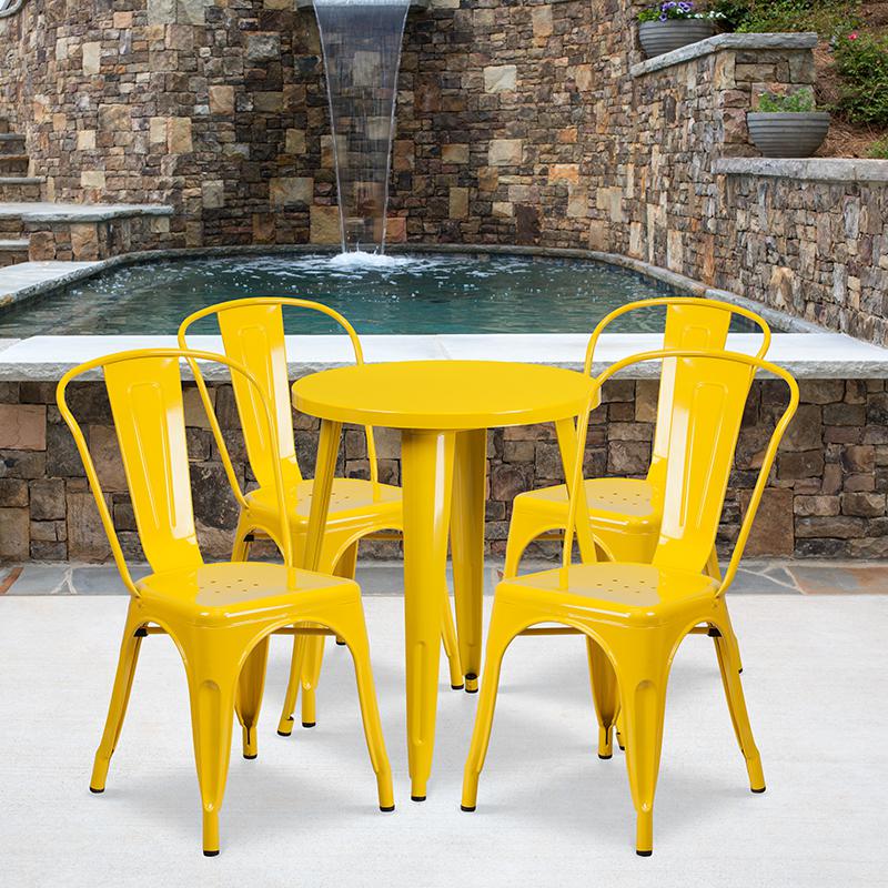 Commercial Grade 24" Round Yellow Metal Indoor-Outdoor Table Set with 4 Cafe Chairs. Picture 4