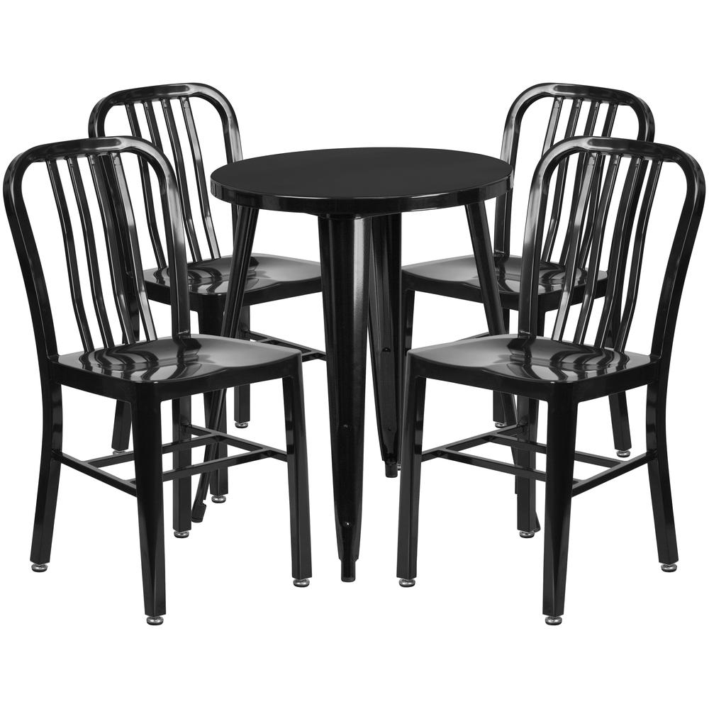 Commercial Grade 24" Round Black Metal Indoor-Outdoor Table Set with 4 Vertical Slat Back Chairs. Picture 1
