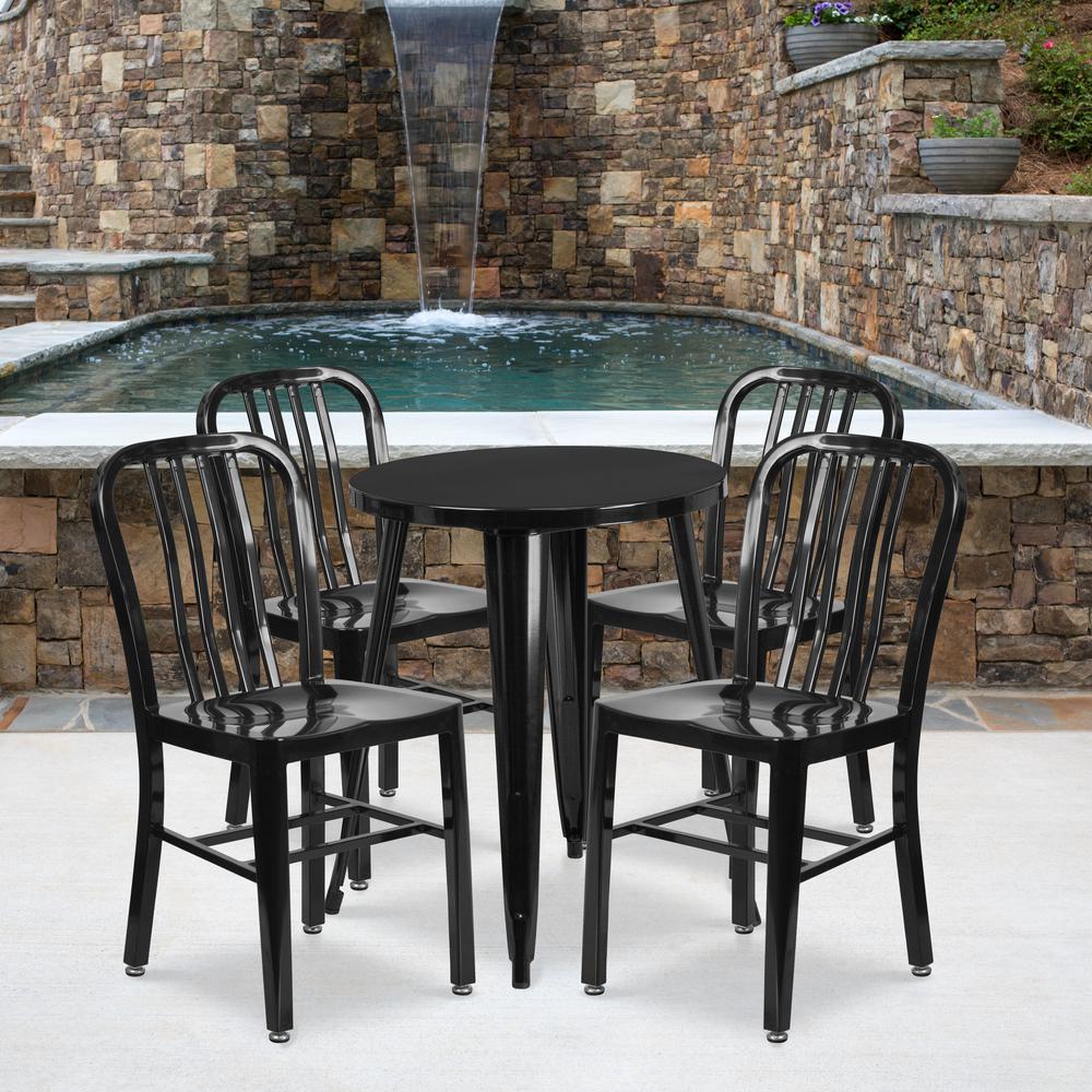 Commercial Grade 24" Round Black Metal Indoor-Outdoor Table Set with 4 Vertical Slat Back Chairs. Picture 4