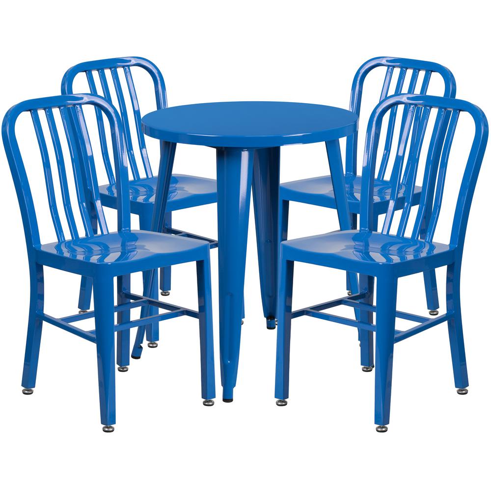 Commercial Grade 24" Round Blue Metal Indoor-Outdoor Table Set with 4 Vertical Slat Back Chairs. Picture 1