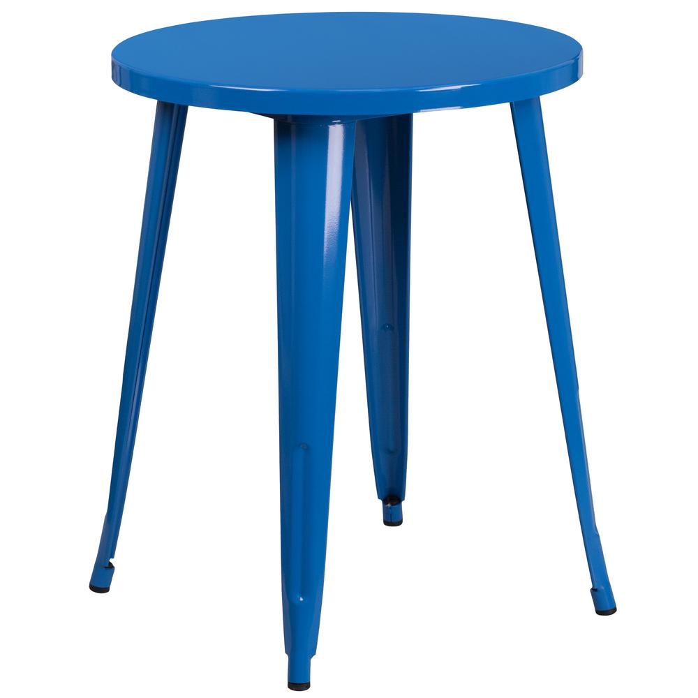 Commercial Grade 24" Round Blue Metal Indoor-Outdoor Table Set with 4 Vertical Slat Back Chairs. Picture 2