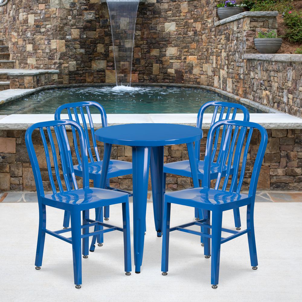 Commercial Grade 24" Round Blue Metal Indoor-Outdoor Table Set with 4 Vertical Slat Back Chairs. Picture 4
