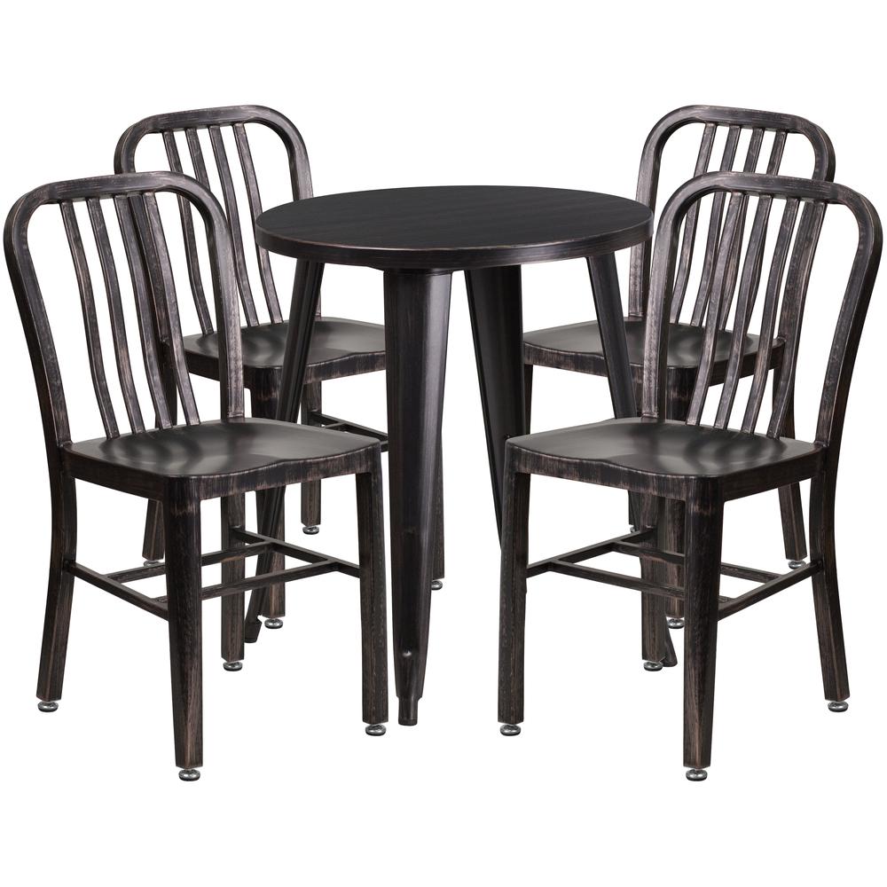 Commercial Grade 24" Round Black-Antique Gold Metal Indoor-Outdoor Table Set with 4 Vertical Slat Back Chairs. Picture 1