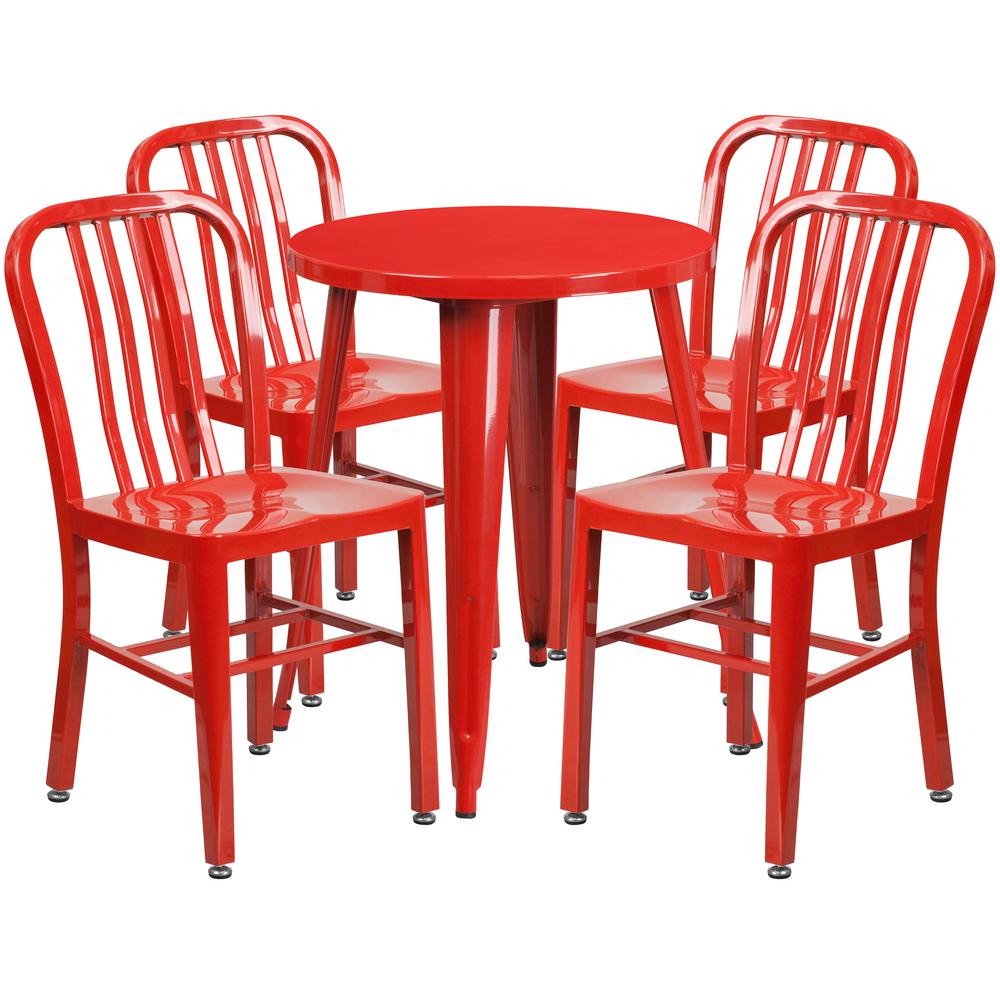 Commercial Grade 24" Round Red Metal Indoor-Outdoor Table Set with 4 Vertical Slat Back Chairs. Picture 1