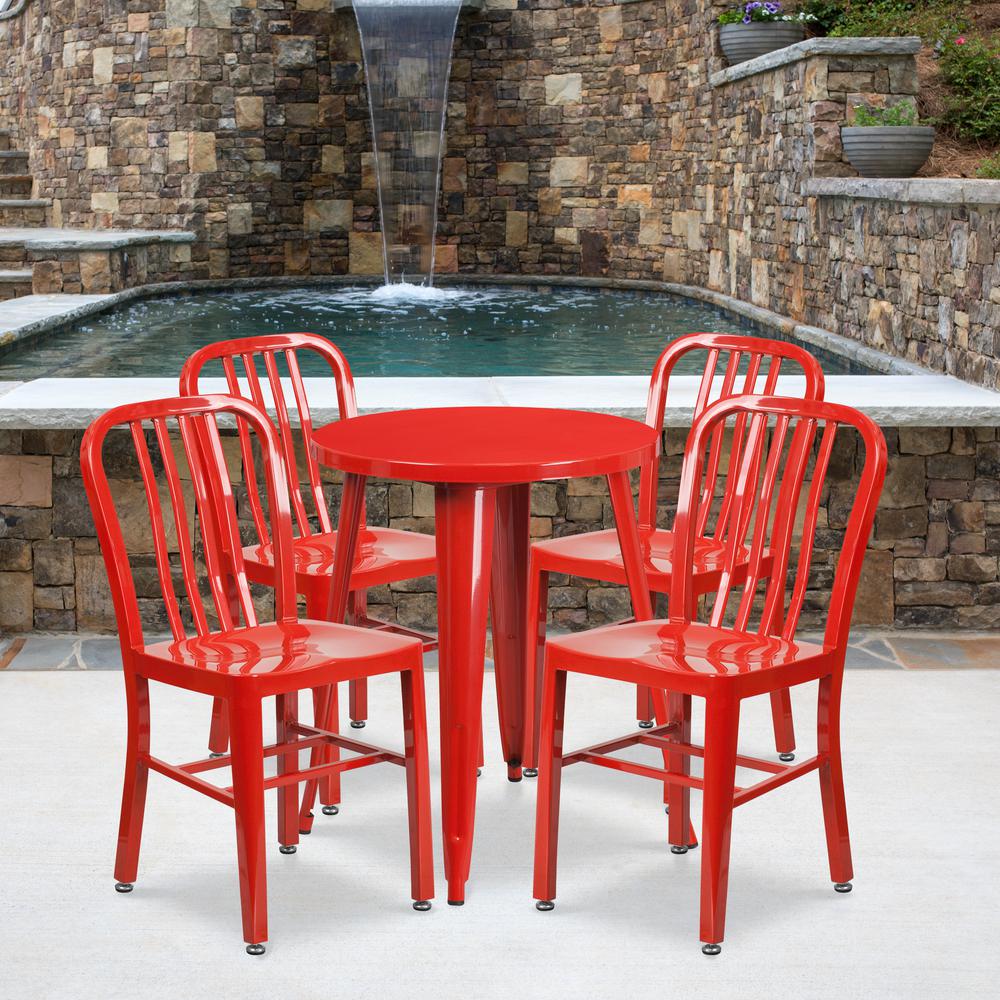 Commercial Grade 24" Round Red Metal Indoor-Outdoor Table Set with 4 Vertical Slat Back Chairs. Picture 4