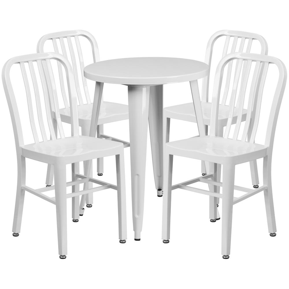 Commercial Grade 24" Round White Metal Indoor-Outdoor Table Set with 4 Vertical Slat Back Chairs. Picture 1