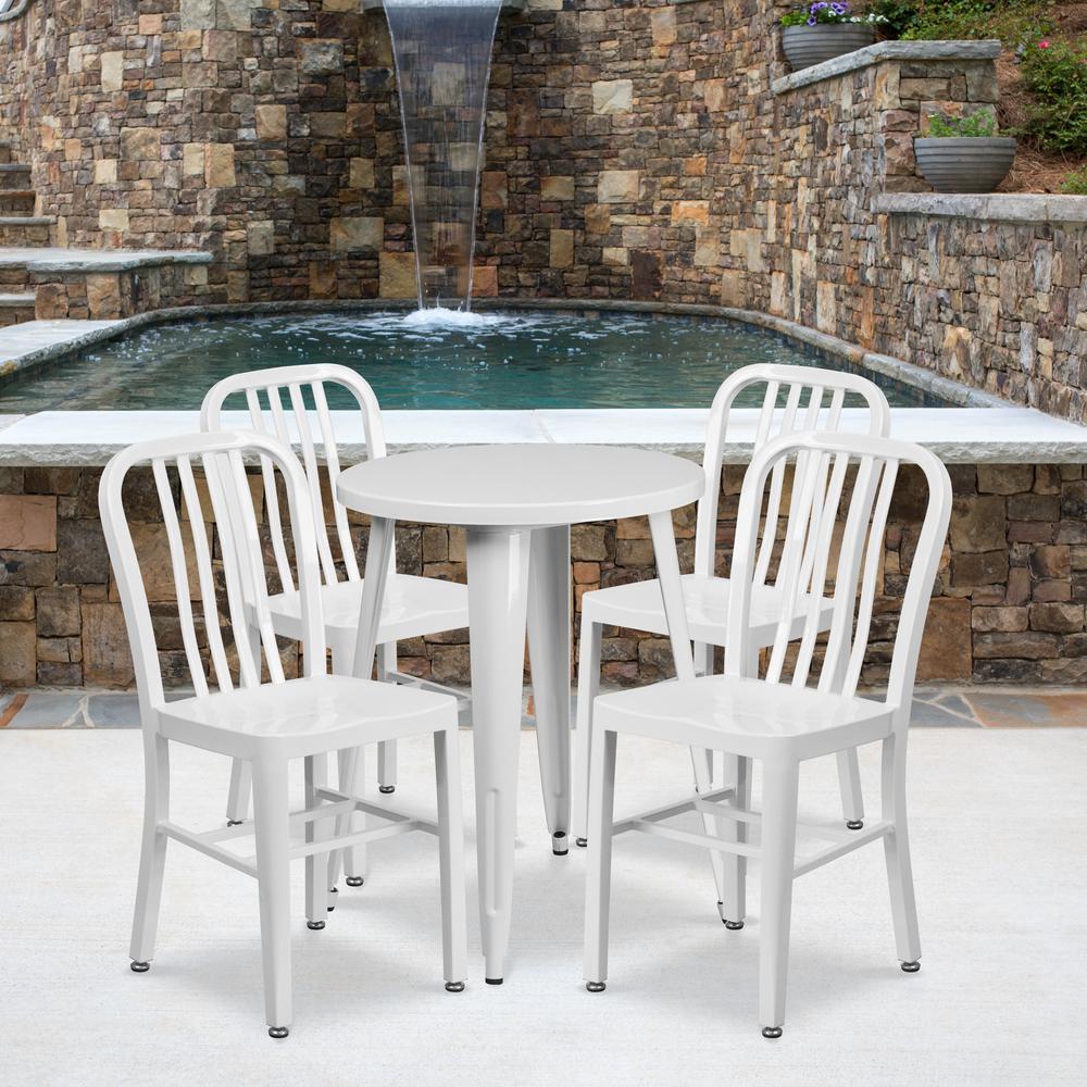Commercial Grade 24" Round White Metal Indoor-Outdoor Table Set with 4 Vertical Slat Back Chairs. Picture 4