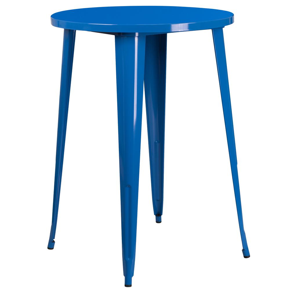 Commercial Grade 30" Round Blue Metal Indoor-Outdoor Bar Height Table. Picture 1