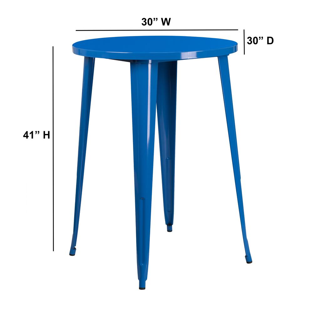 Commercial Grade 30" Round Blue Metal Indoor-Outdoor Bar Height Table. Picture 2