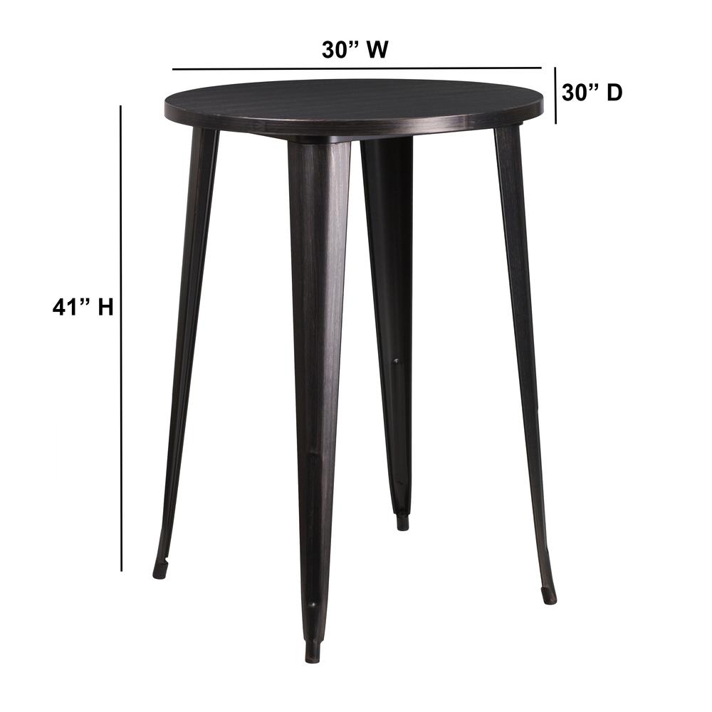 Commercial Grade 30" Round Black-Antique Gold Metal Indoor-Outdoor Bar Height Table. Picture 2