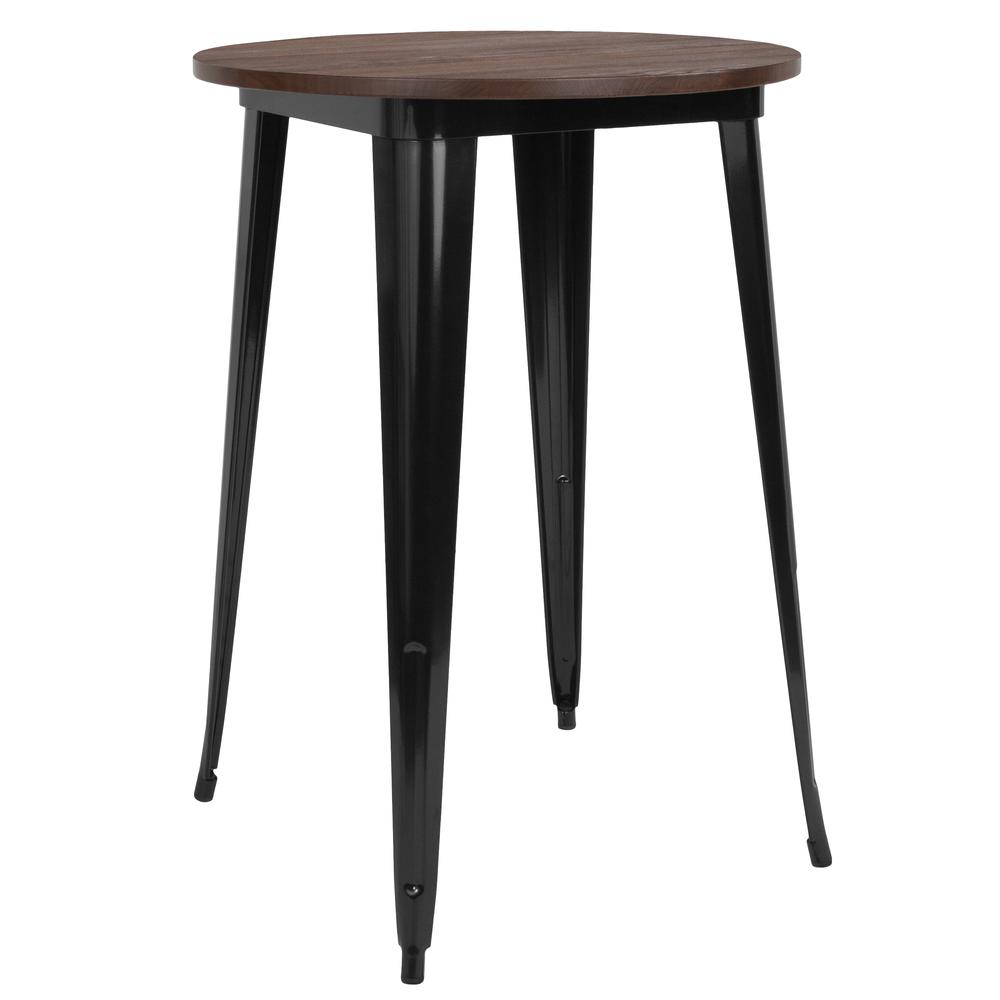 30" Round Black Metal Indoor Bar Height Table with Walnut Rustic Wood Top. Picture 1
