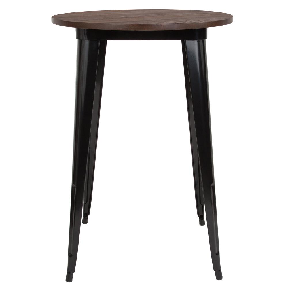 30" Round Black Metal Indoor Bar Height Table with Walnut Rustic Wood Top. Picture 2