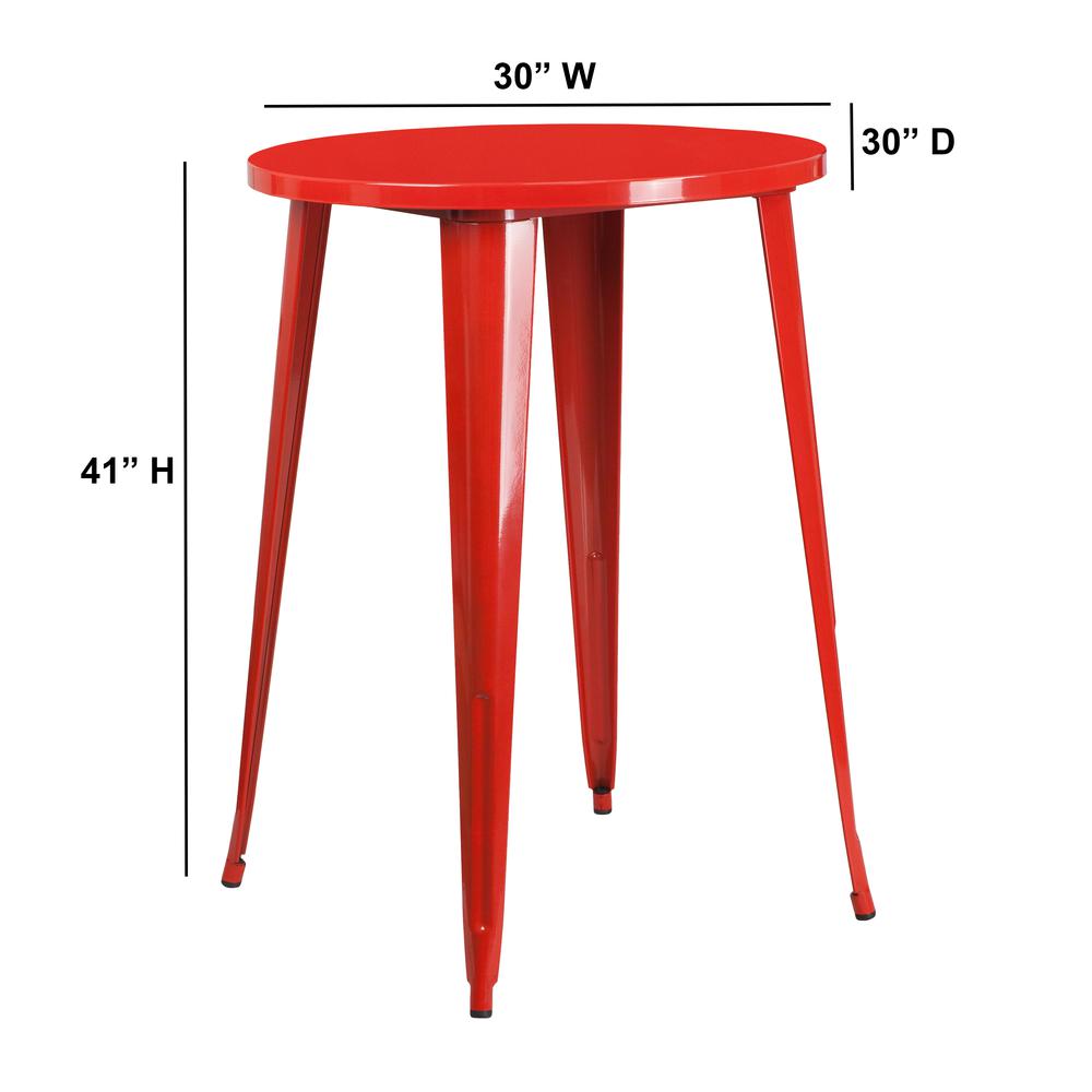 Commercial Grade 30" Round Red Metal Indoor-Outdoor Bar Height Table. Picture 2