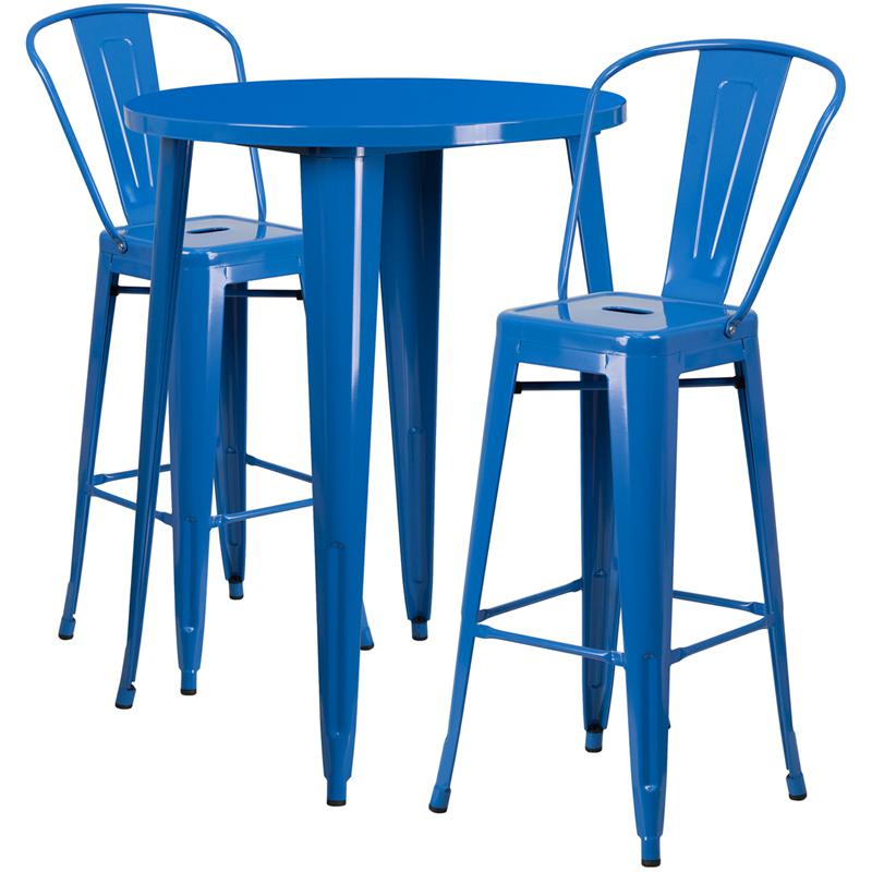 30" Round Blue Metal Indoor-Outdoor Bar Table Set with 2 Cafe Stools. Picture 2