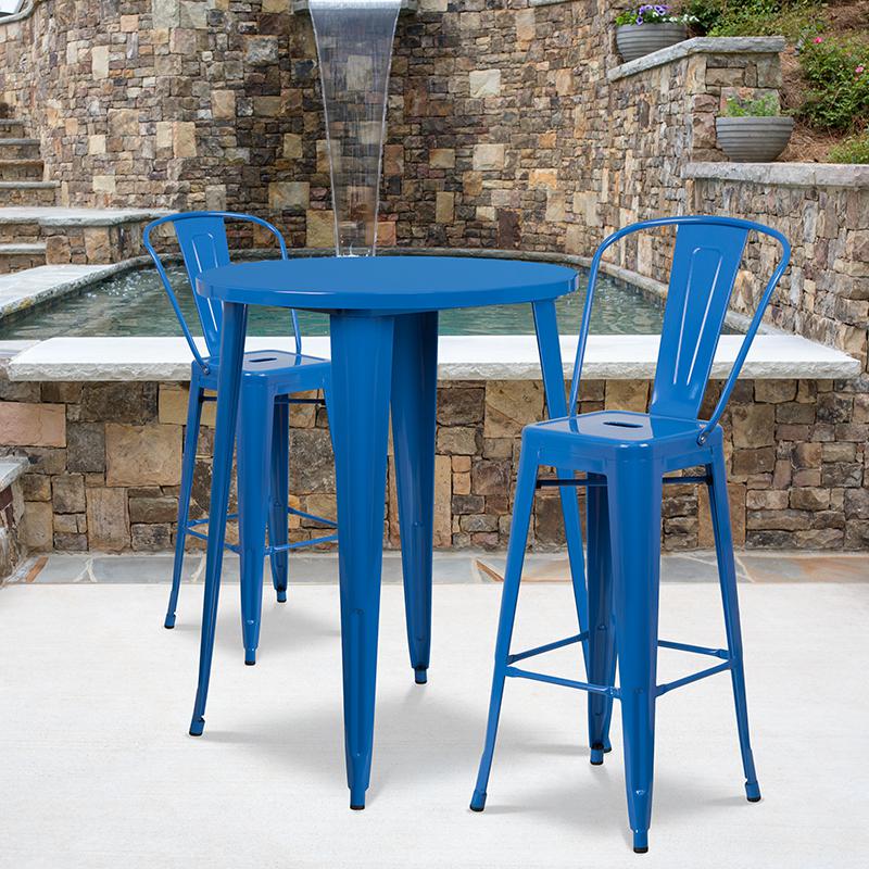 30'' Round Blue Metal Indoor-Outdoor Bar Table Set with 2 Cafe Stools. Picture 1