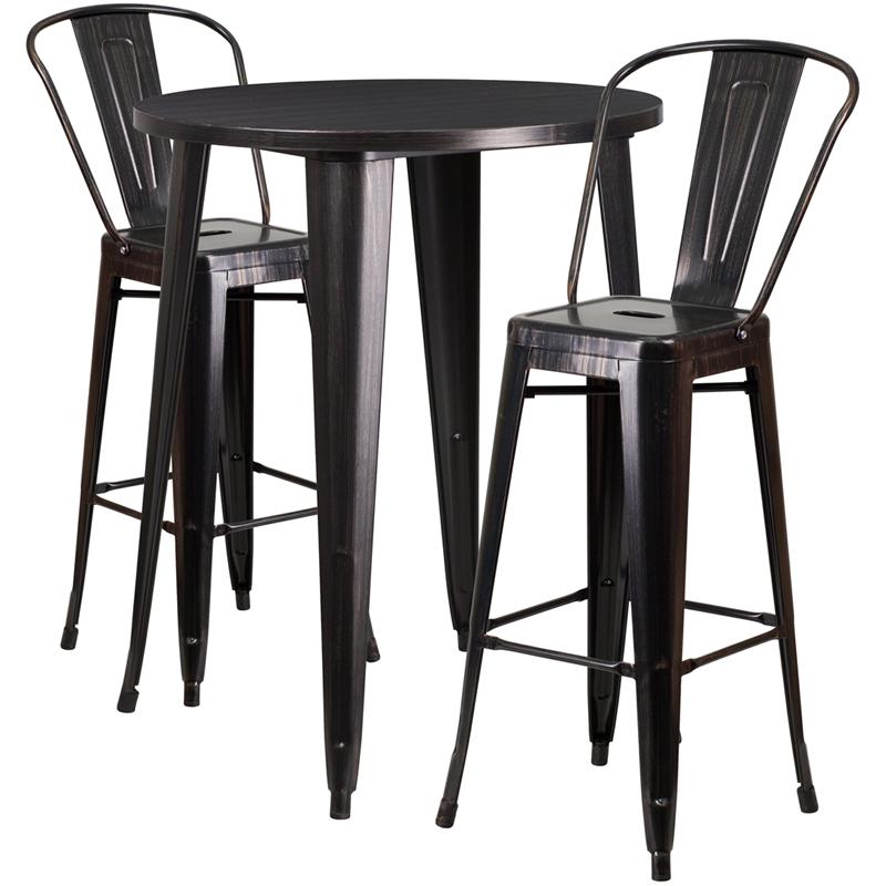 Commercial Grade 30" Round Black-Antique Gold Metal Indoor-Outdoor Bar Table Set with 2 Cafe Stools. Picture 1