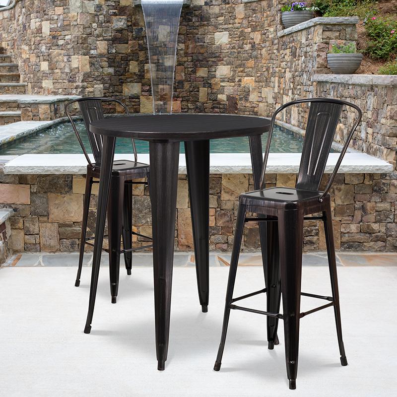 Commercial Grade 30" Round Black-Antique Gold Metal Indoor-Outdoor Bar Table Set with 2 Cafe Stools. Picture 4
