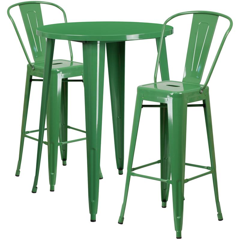 Commercial Grade 30" Round Green Metal Indoor-Outdoor Bar Table Set with 2 Cafe Stools. Picture 1