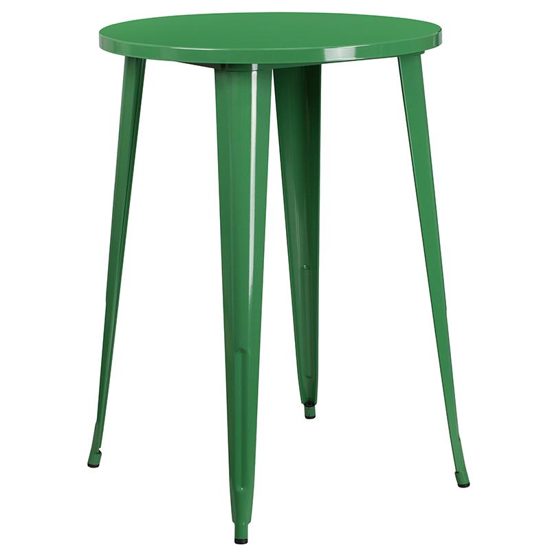 30" Round Green Metal Indoor-Outdoor Bar Table Set with 2 Cafe Stools. Picture 4