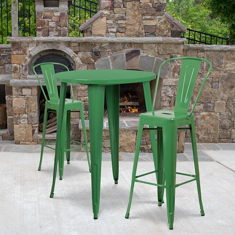 Commercial Grade 30" Round Green Metal Indoor-Outdoor Bar Table Set with 2 Cafe Stools. Picture 4