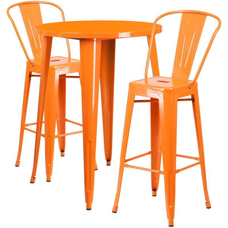 Commercial Grade 30" Round Orange Metal Indoor-Outdoor Bar Table Set with 2 Cafe Stools. The main picture.