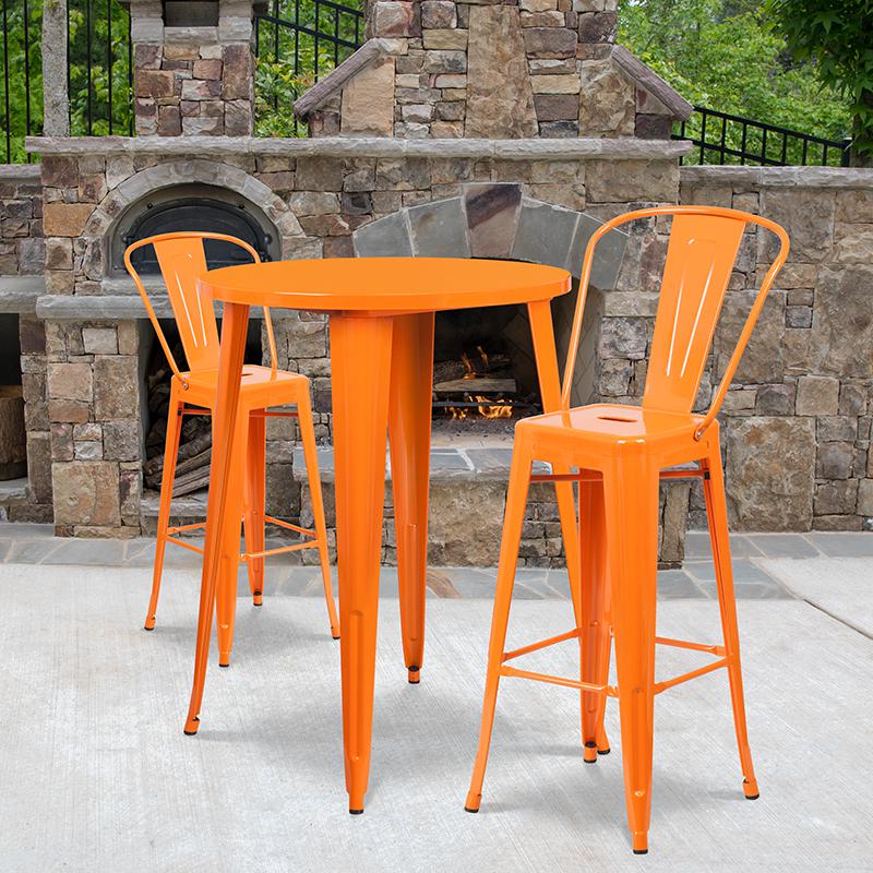 Commercial Grade 30" Round Orange Metal Indoor-Outdoor Bar Table Set with 2 Cafe Stools. Picture 4