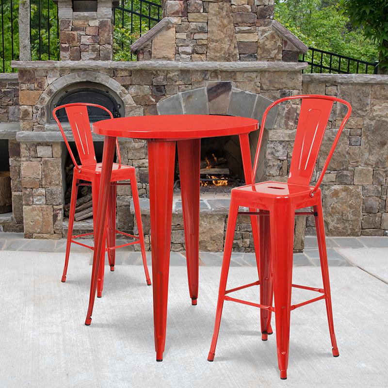 30" Round Red Metal Indoor-Outdoor Bar Table Set with 2 Cafe Stools. Picture 1