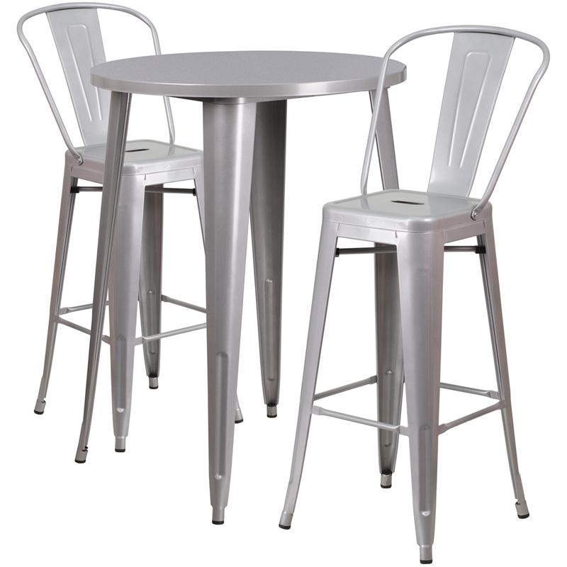 Commercial Grade 30" Round Silver Metal Indoor-Outdoor Bar Table Set with 2 Cafe Stools. Picture 1