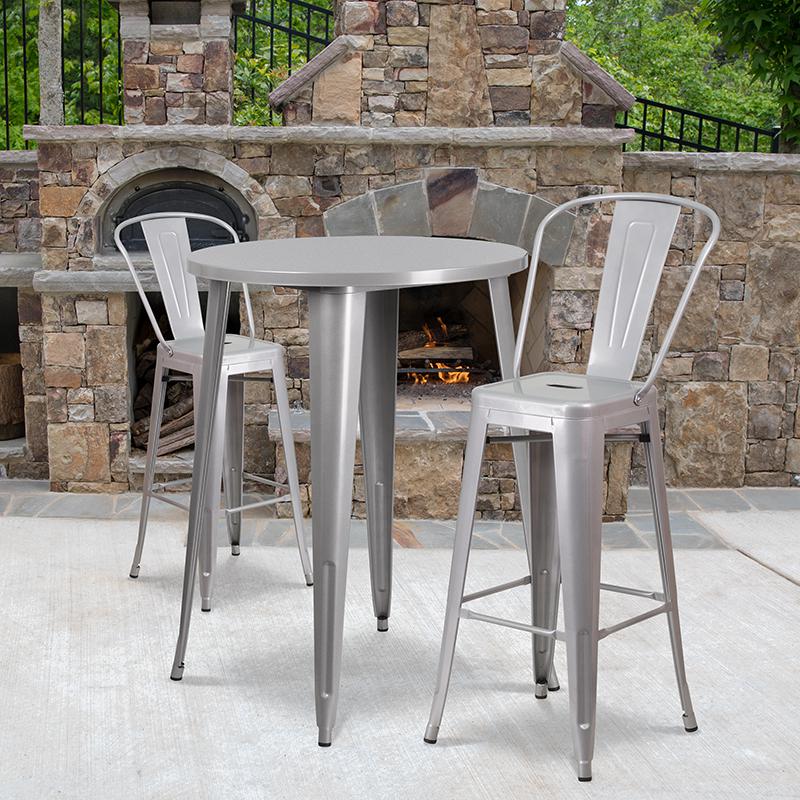 Commercial Grade 30" Round Silver Metal Indoor-Outdoor Bar Table Set with 2 Cafe Stools. Picture 4