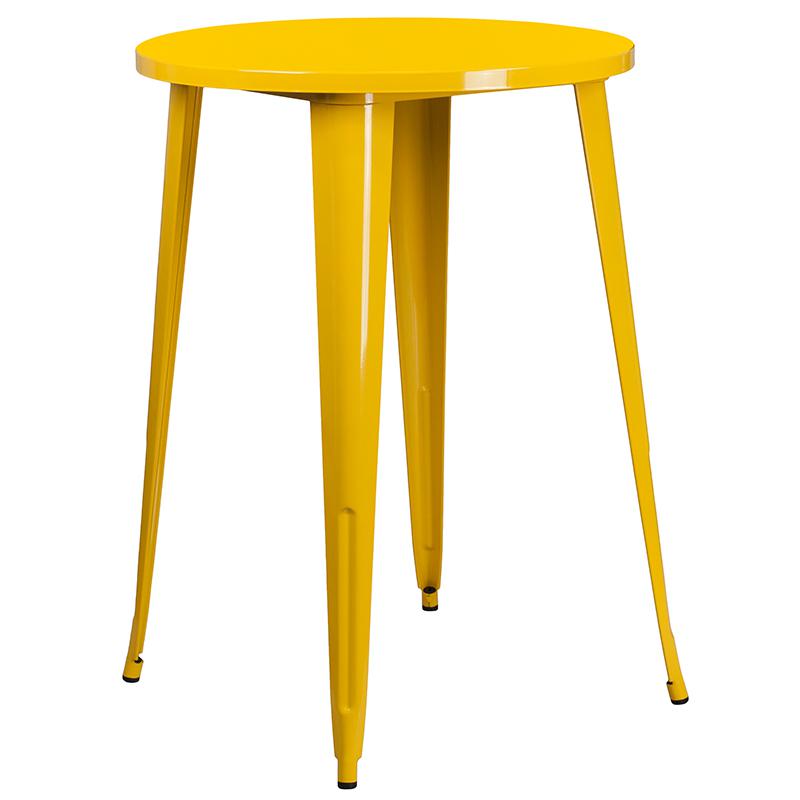 30'' Round Yellow Metal Indoor-Outdoor Bar Table Set with 2 Cafe Stools. Picture 4