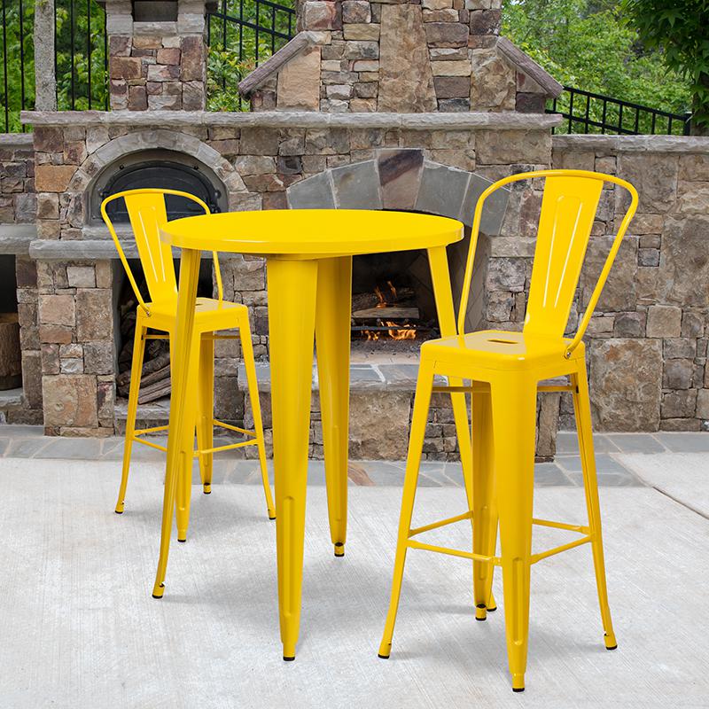 30'' Round Yellow Metal Indoor-Outdoor Bar Table Set with 2 Cafe Stools. The main picture.